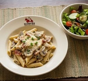 6/10 - Wednesday - Option 1 - Creamy Mushroom & Bacon Penne Pasta Served with a Fresh Green Salad