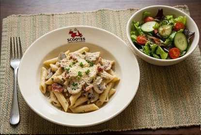 6/10 - Wednesday - Option 1 - Creamy Mushroom & Bacon Penne Pasta Served with a Fresh Green Salad